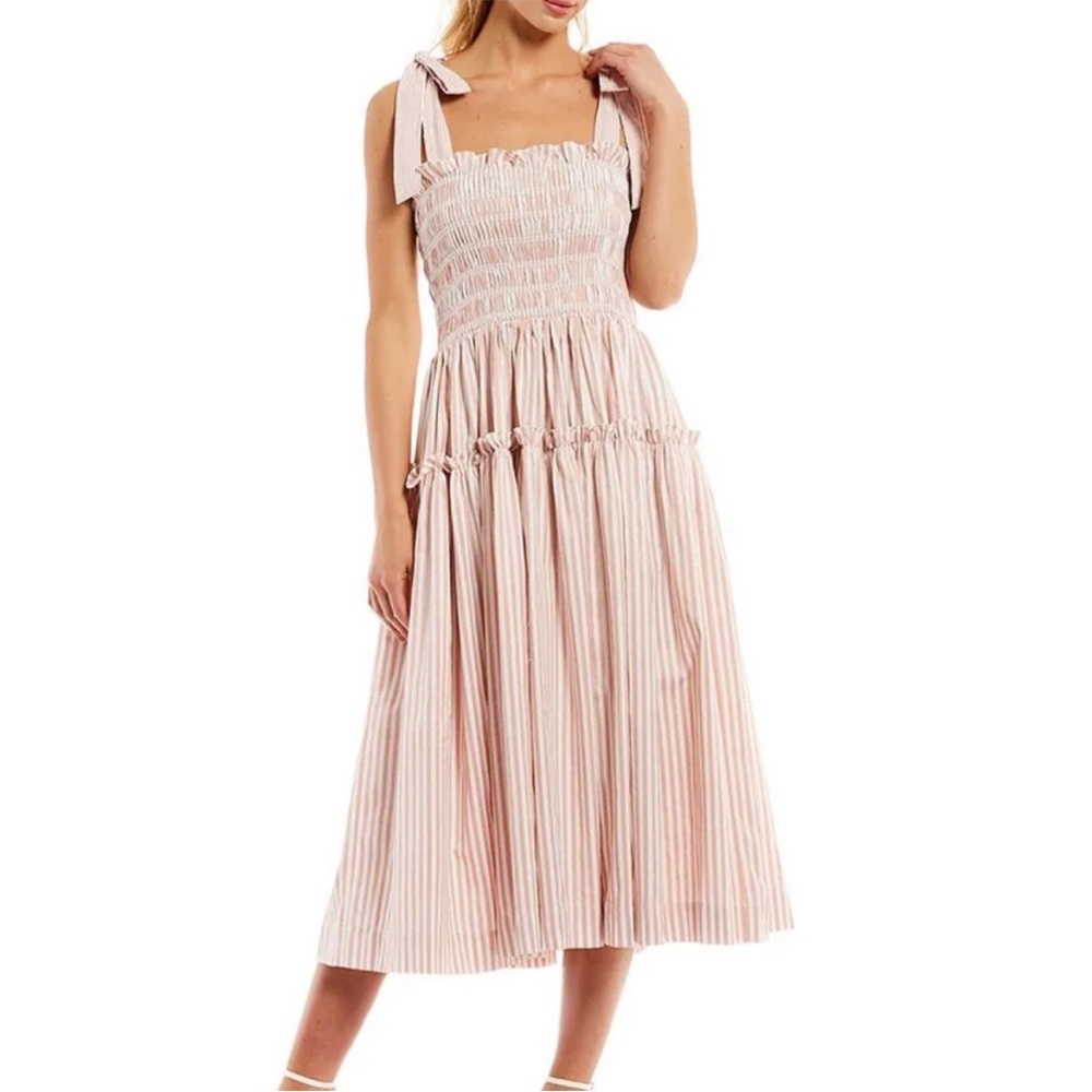 En Saison Ida Pinstripe Poplin Smocking Top Square Neck Tie Midi Dress LARGE